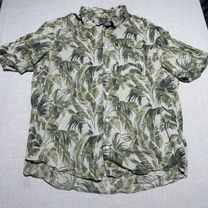 H&M Button Shirt Mens XL Leaf Print Pattern Tropical Green Short Sleeve